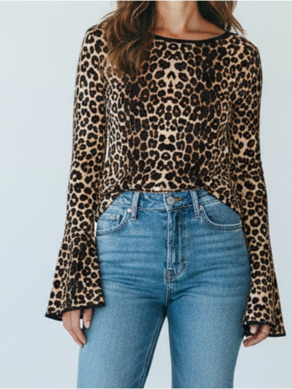 Leopard Print Bell Sleeve Top - Tan/Black Medium